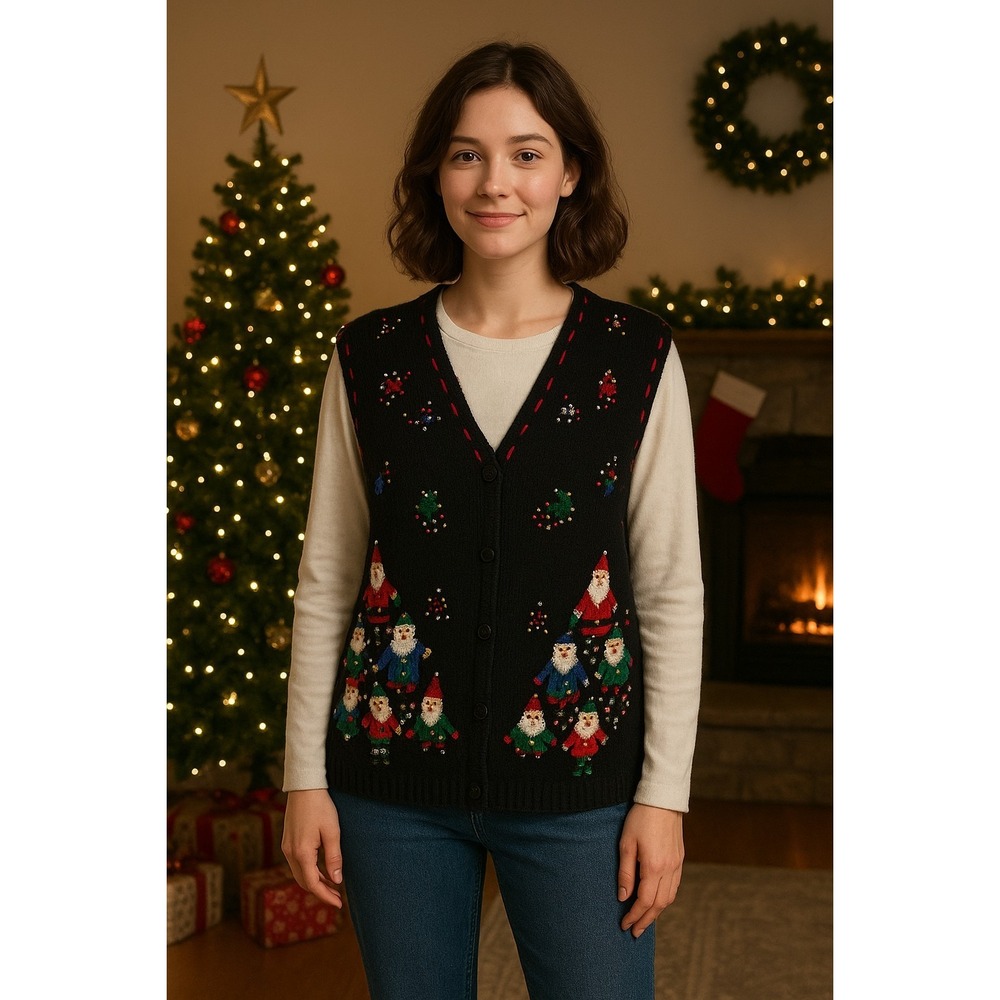 Vintage Ugly Christmas Sweater Vest Grandmacore Beaded Santa's Size Medium Black